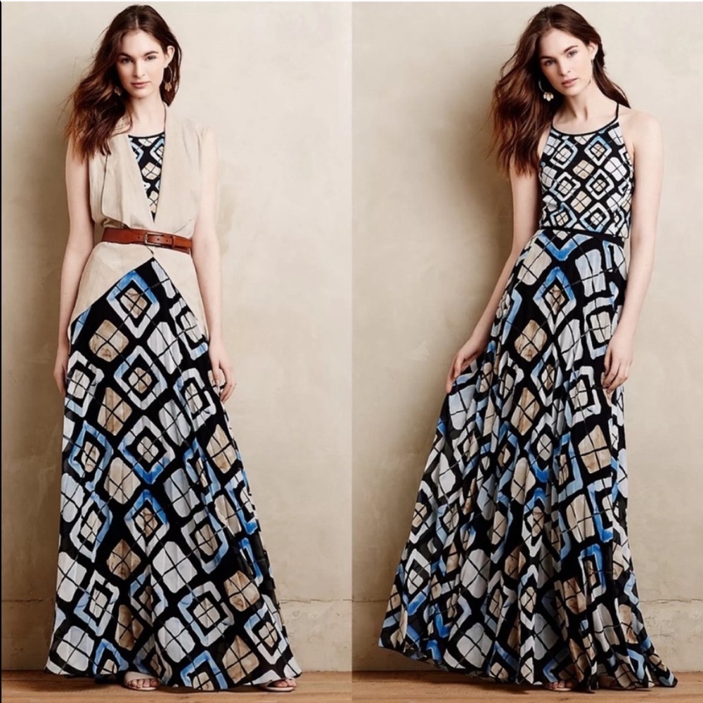 Anthropologie Sachin + Babi Marisol Tile Print Blue Yellow Shibori Maxi Dress - Picture 1 of 5